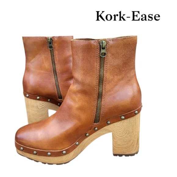 Kork Ease Deegan Brown Leather Platform Stud High Wood Heel Ankle Boot Women 8 - Picture 3 of 12